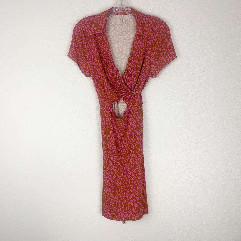Free People Mini Dress Womens S Brown Pink Leopard Print‎ Cutout V-Neck Boho